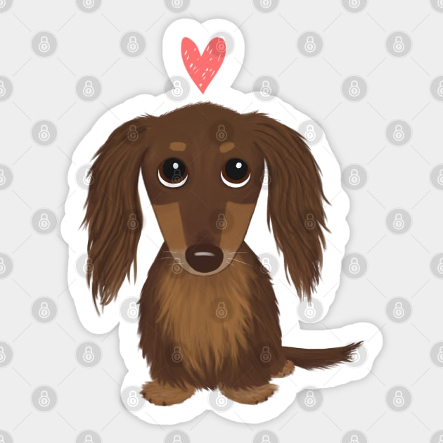 Longhaired Chocolate Dachshund | Cute Wiener Dog with Heart Sticker by Coffee Squirrel